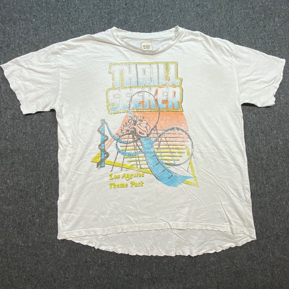 Modish Rebel Thrill Seeker Graphic Tee L White Retro Roller Coaster Raw Hem